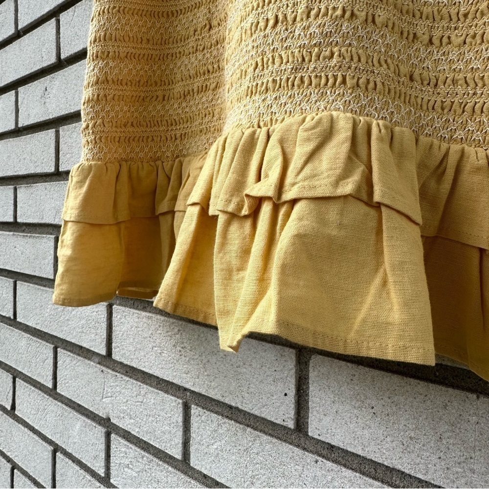 American Eagle Yellow Smocked Linen Mini Dress Ruffle Hem Summer Bodycon XS - Picture 4 of 9